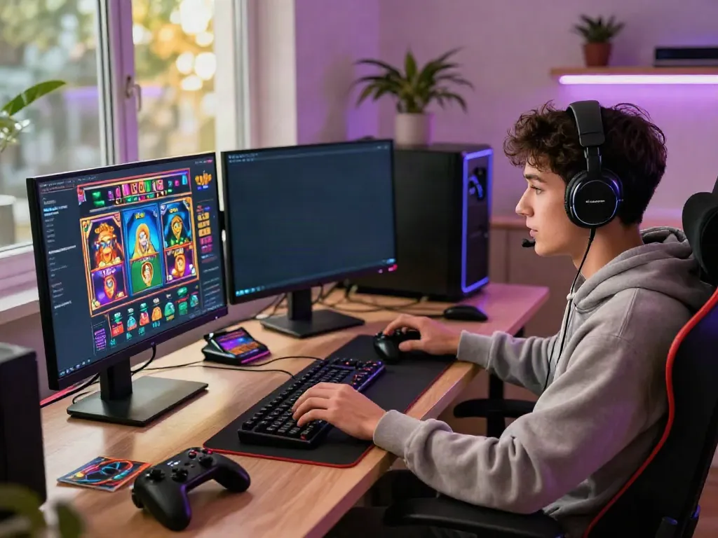 Engaged player enjoying สล็อตเว็บตรง in a modern gaming setup with vibrant visuals and accessories.