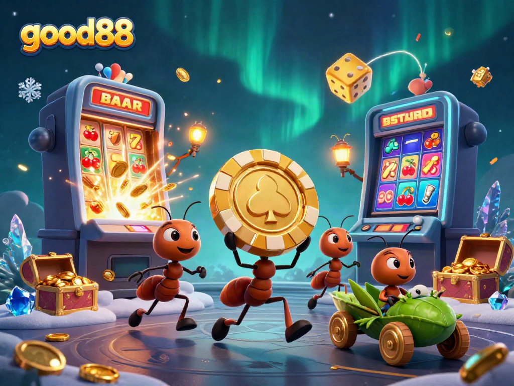 Experience the thrill of good88 gaming as cartoon ants haul a giant poker chip amid vibrant casino visuals.
