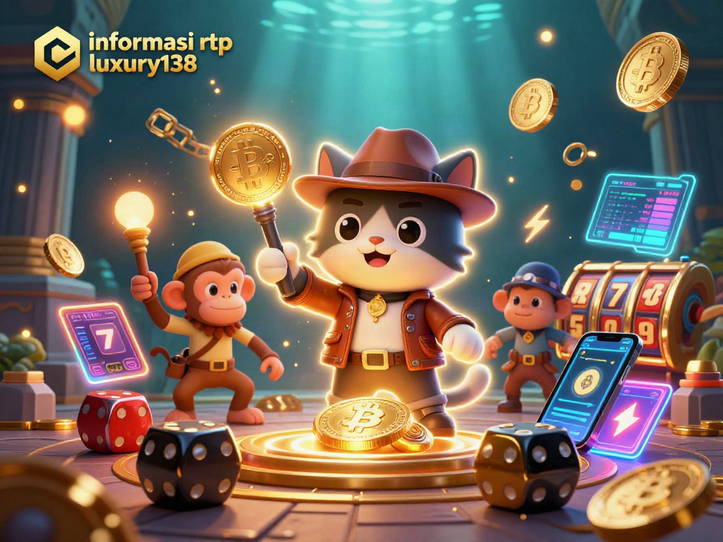 Menampilkan informasi rtp luxury138 dengan simbol slot dan artefak kasino berkilauan dalam ilustrasi 3D.