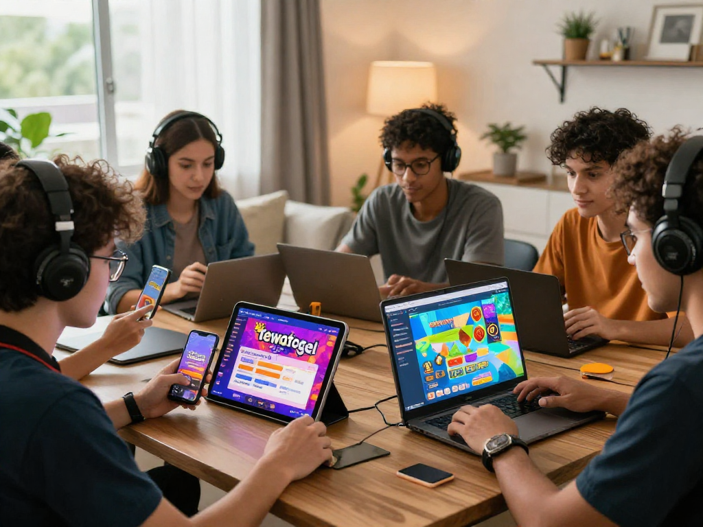 Dewatogel gaming scene with diverse players enjoying Togel on various devices in an inviting home setting.