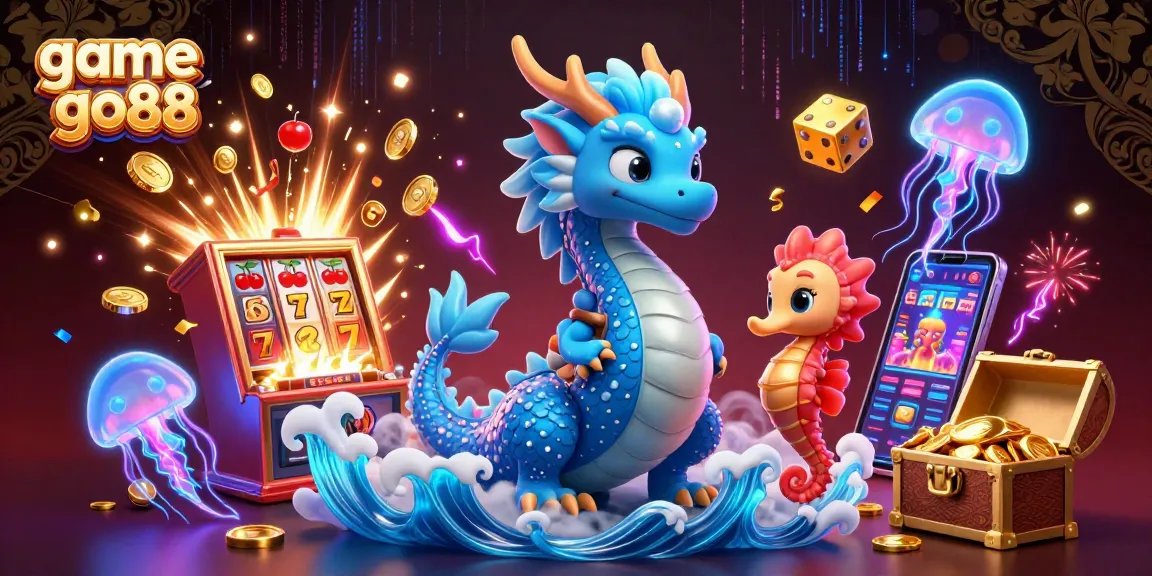 Experience thrilling gameplay in game go88 with a vibrant 3D casino scene featuring dragon, seahorse, and stunning slot machine.