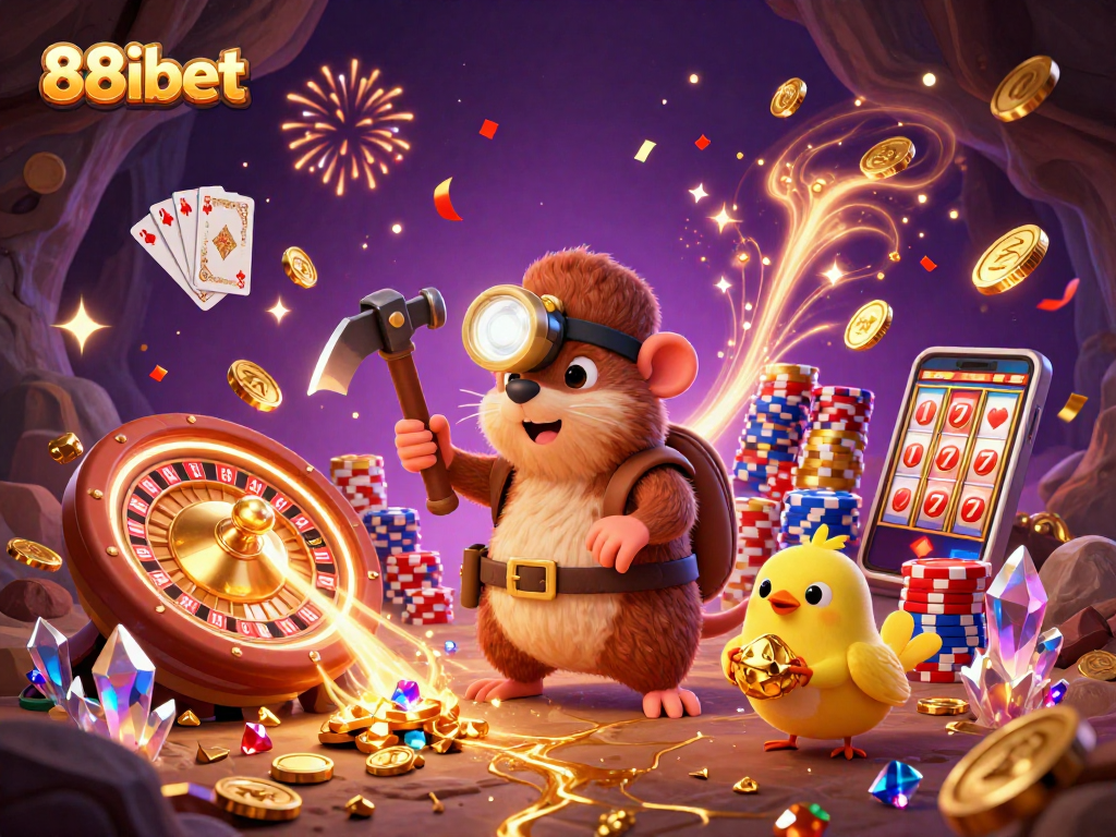 Experience 88ibet's thrilling gaming journey with a treasure hunter mole and dazzling casino elements.