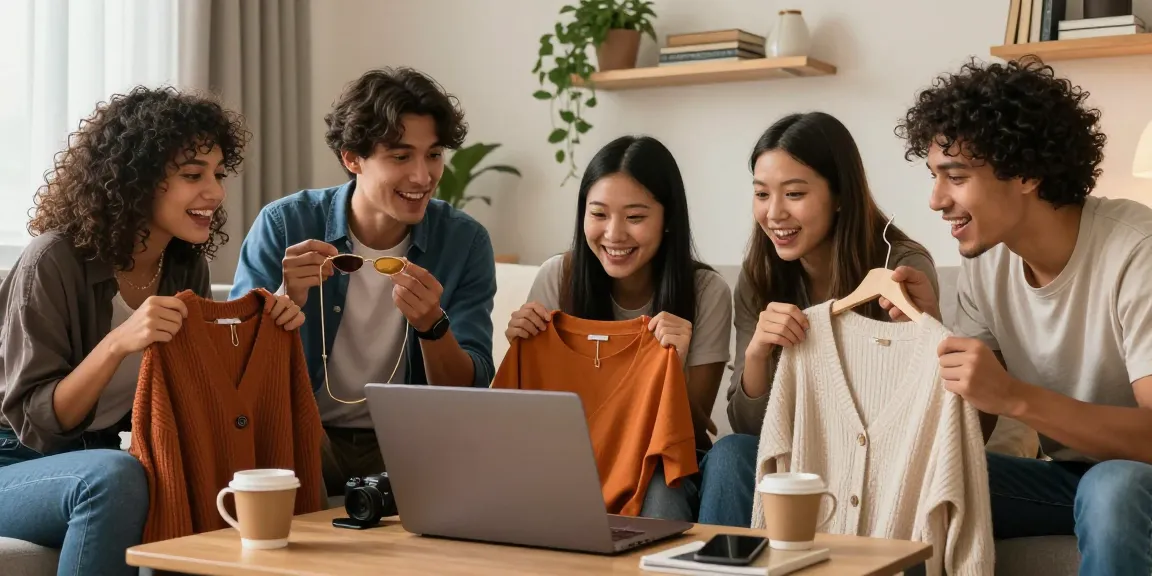 Diverse friends excitedly browsing kelincilaut fashion collection online in a cozy living room.