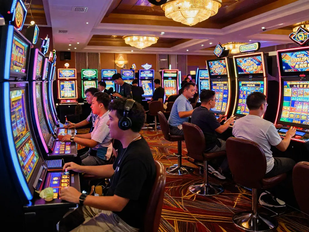 Players engaging with slot gacor machines in a vibrant casino atmosphere.