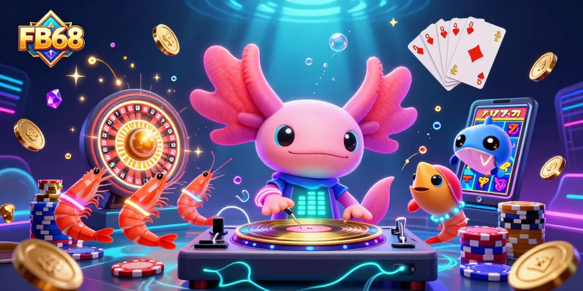 Experience the vibrant gaming atmosphere of FB68 with the lively axolotl DJ and winning elements.