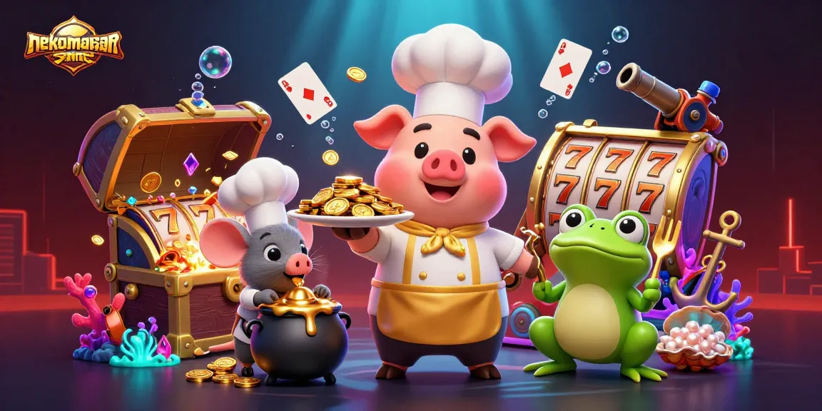 Neko May Mắn reveals grand slots with vibrant characters, gold coins, and gems in a rich casino scene.
