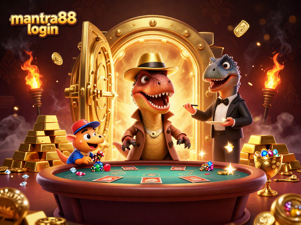 Engaging mantra88 login scene with velociraptor card counter and riches from a casino heist.
