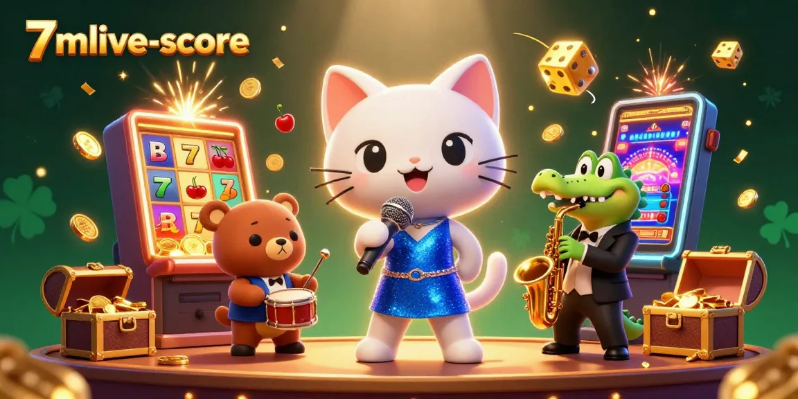 Experience the excitement of 7mlive-score with a jazz-singer cat and friends in a vibrant casino scene.