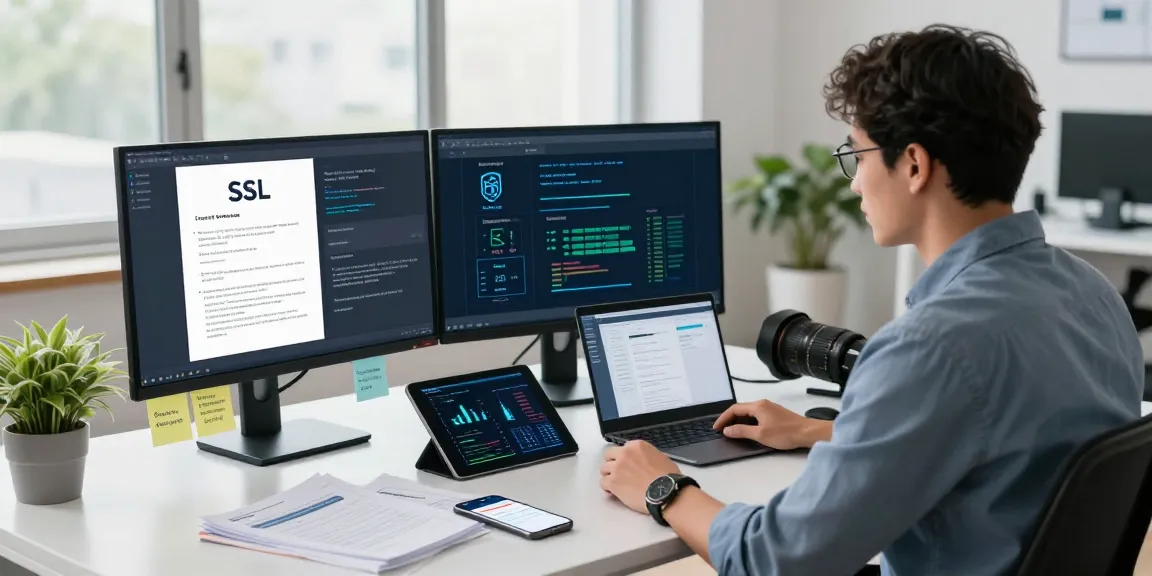 Configuraciones de certificados ssl en México en un espacio de trabajo profesional, con pantallas mostrando protocolos de seguridad.