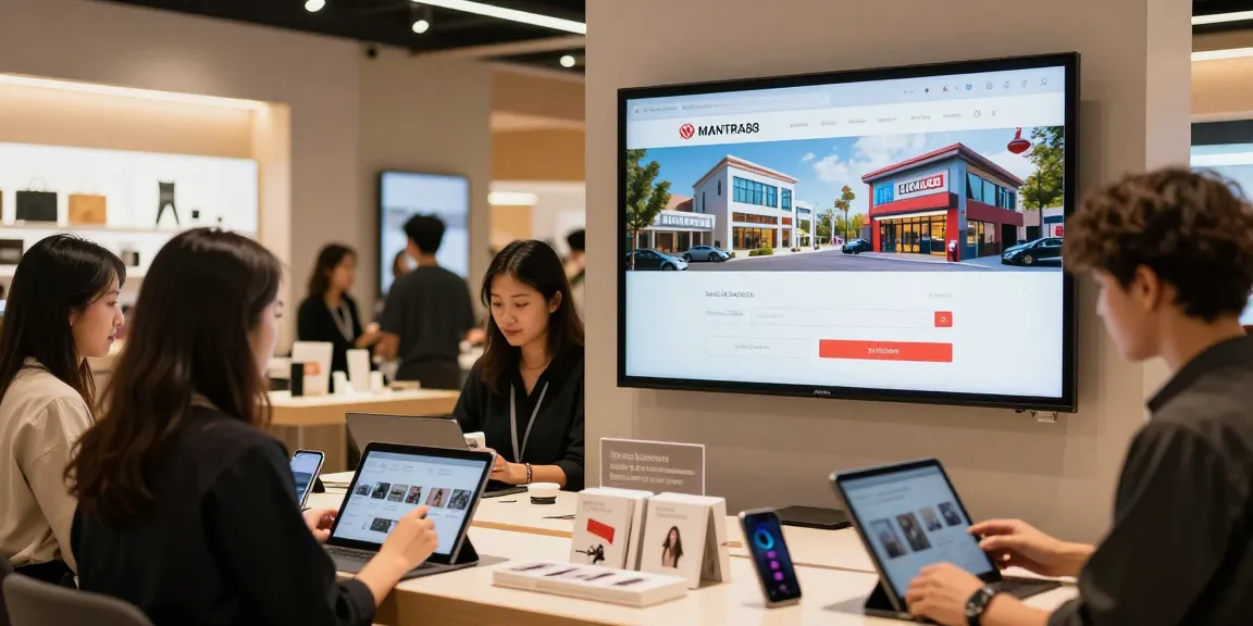 Engaging scene showing shoppers interacting with the mantra88 login interface in a modern retail space.