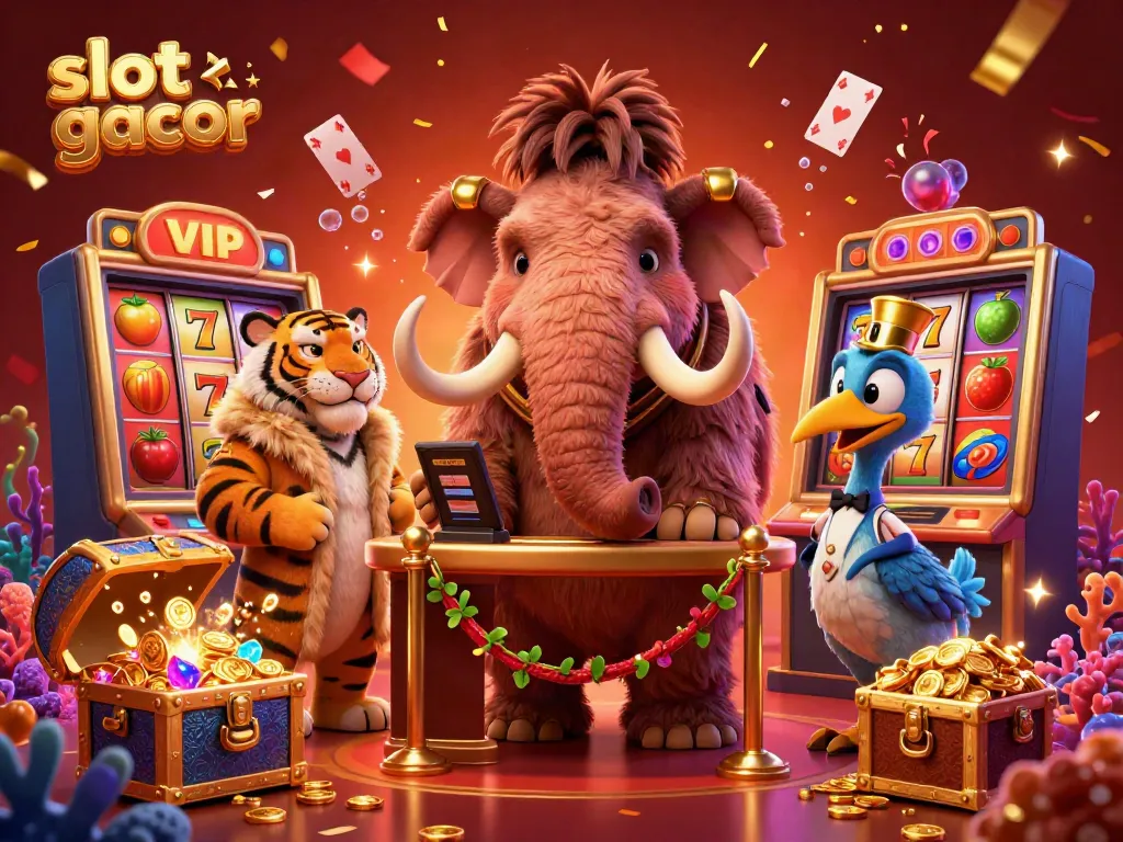 Experience the thrill of slot gacor with a vibrant 3D digital illustration showcasing a casino scene filled with excitement and energy.