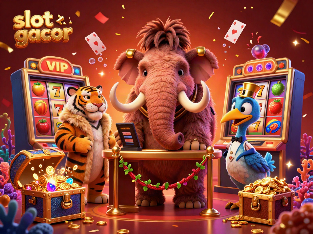 Experience the thrill of slot gacor with a vibrant 3D digital illustration showcasing a casino scene filled with excitement and energy.