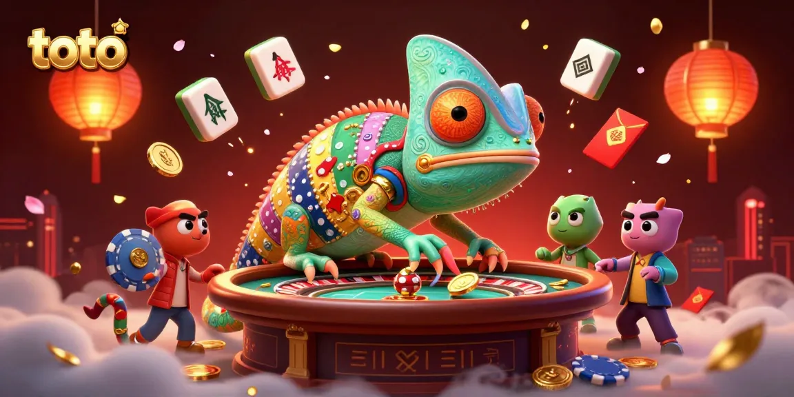 Join the exciting world of toto gaming with a vibrant chameleon casino owner surrounded by festive elements.
