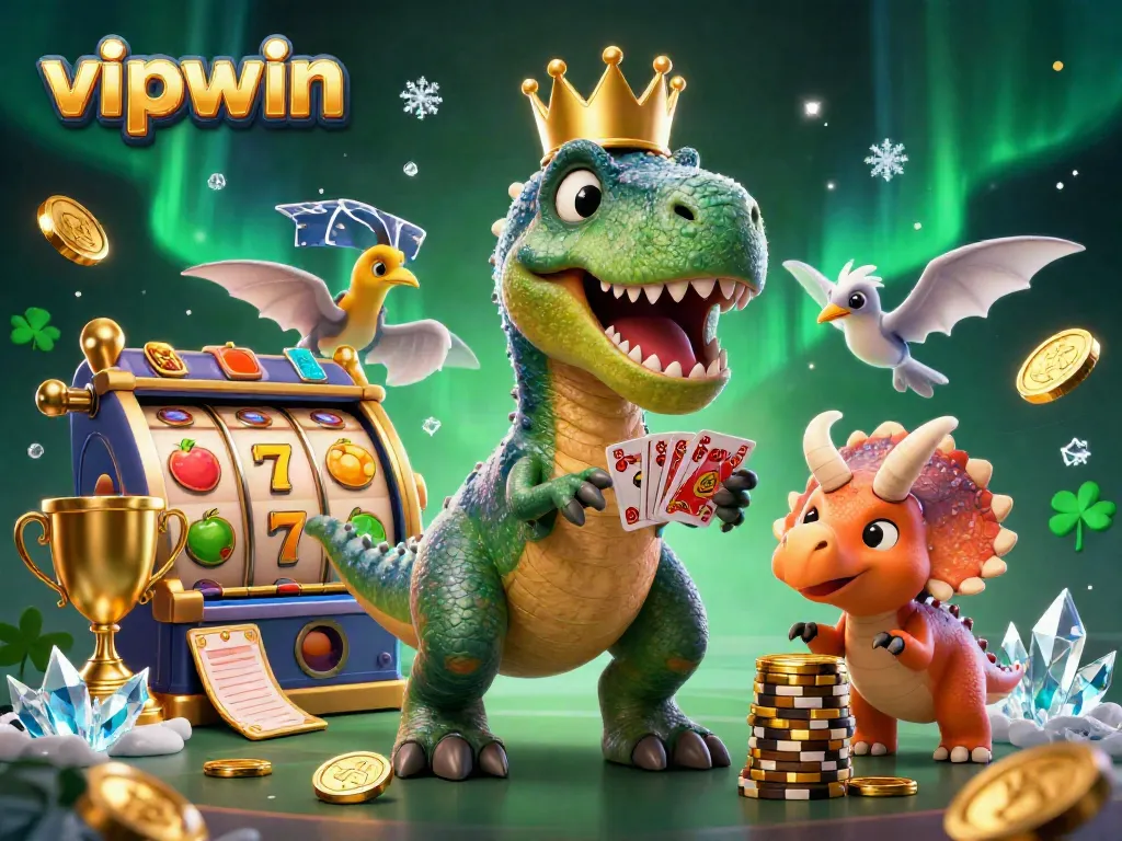 Engage with vipwin's exciting slot games featuring a friendly T-Rex and colorful casino elements.