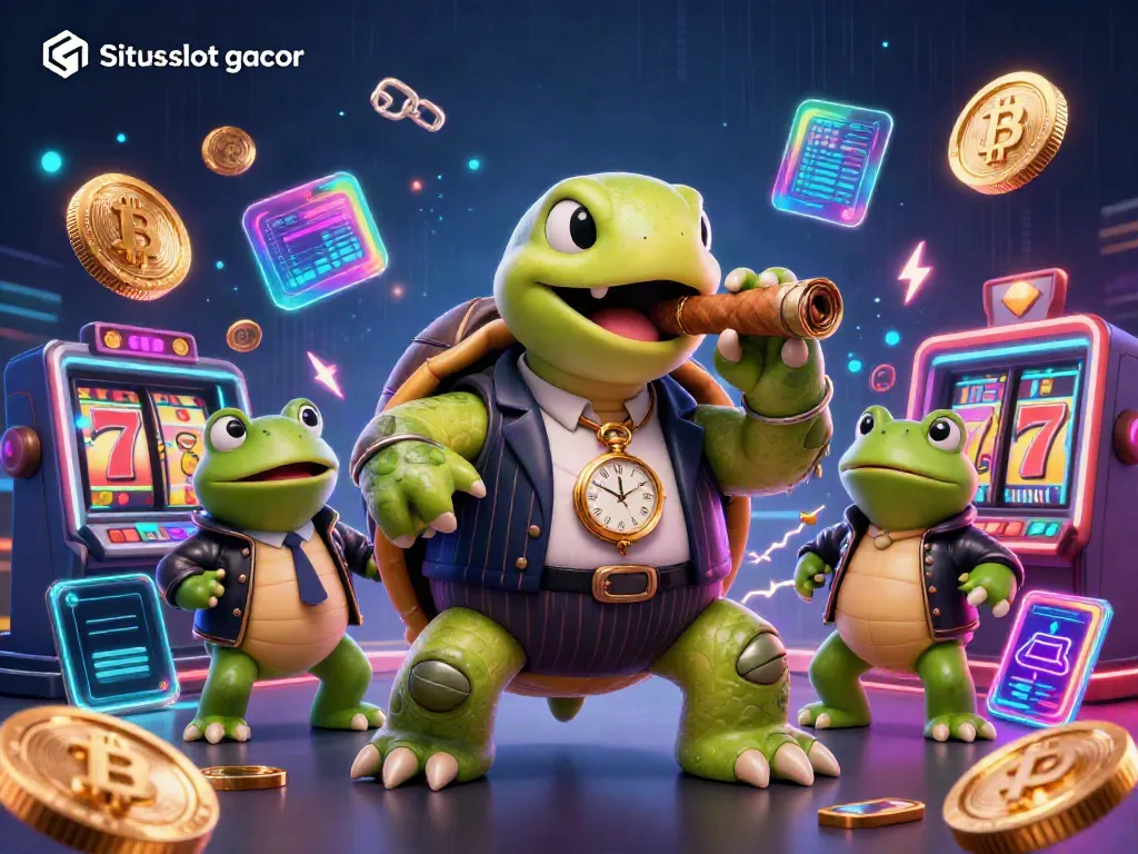 Situs slot gacor scene with a cartoon snapping turtle in a suit, dynamic casino elements, and neon effects.