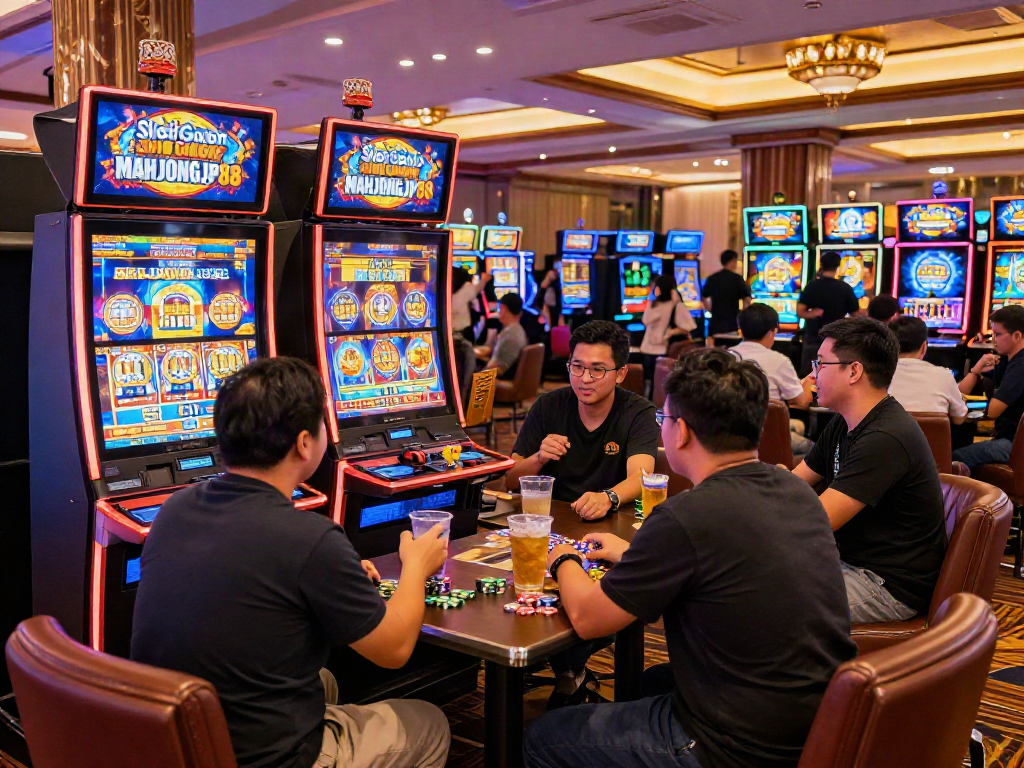 Players enjoying the excitement of Slot Gacor MAHJONGJP88 in a lively casino atmosphere.