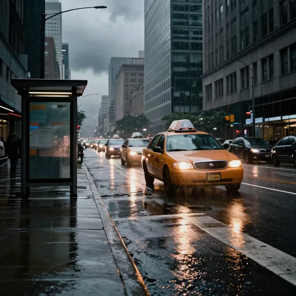 Low street-level city canyon with taxis, wet crosswalks and rain pooling under storm clouds