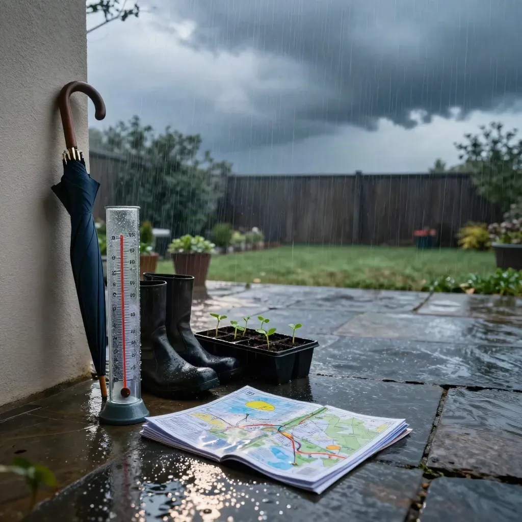 Stormy patio at dawn with rain gauge, umbrella, seedling trays, boots, and a folded route map.