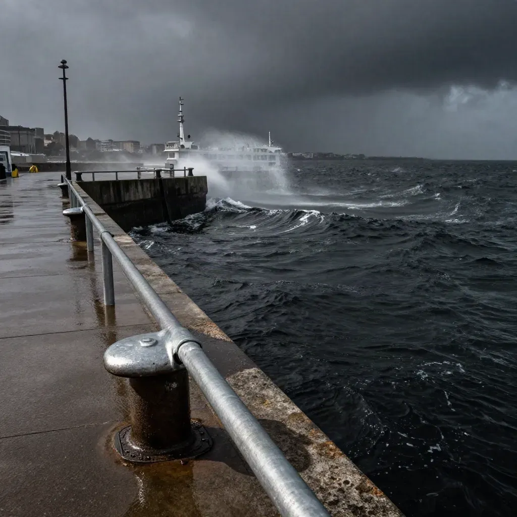 Wet harbor breakwater and ferry masts under a coastal squall, rain haze over dark water.