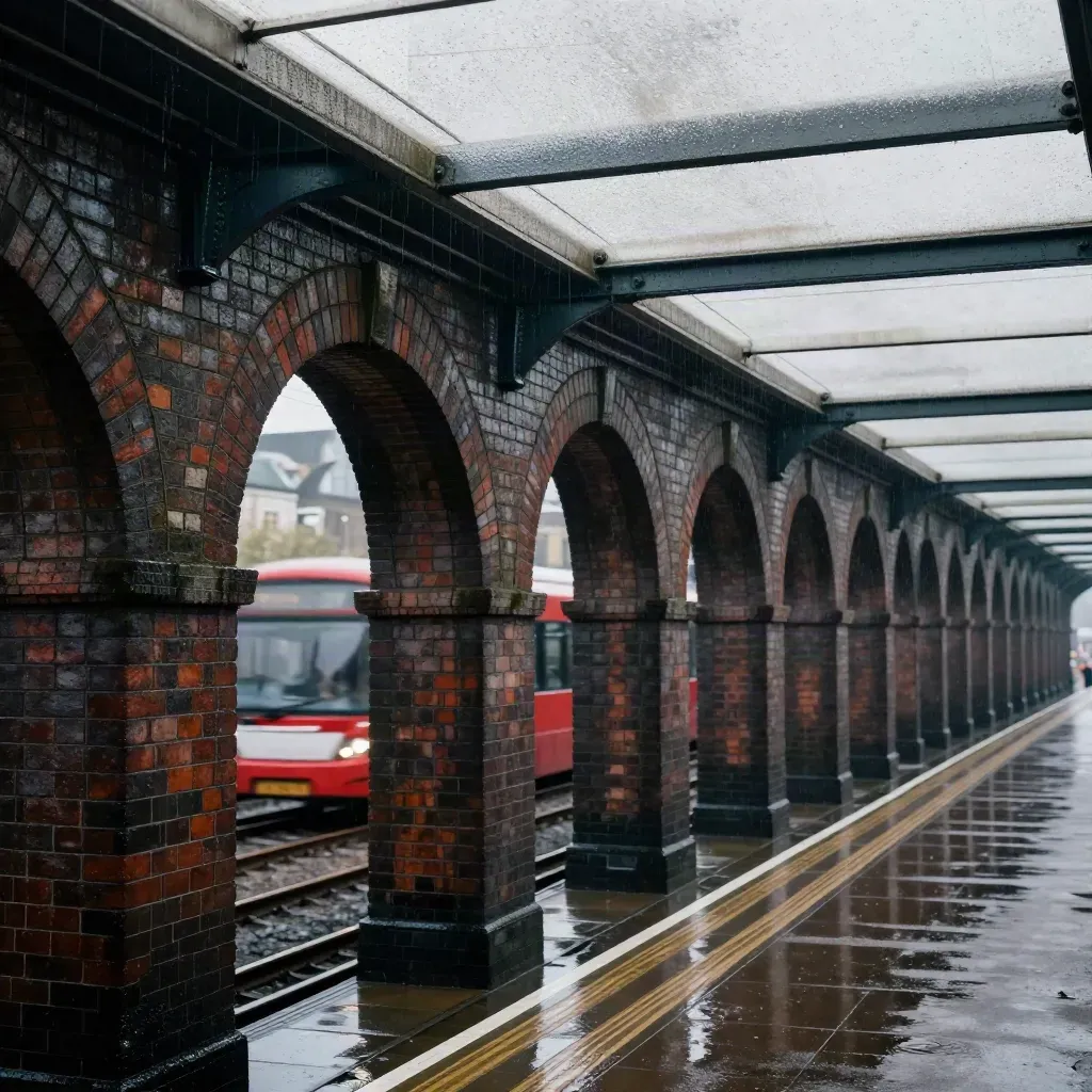 Wet London viaduct arches with a blurred red bus and rain-shining platform canopy