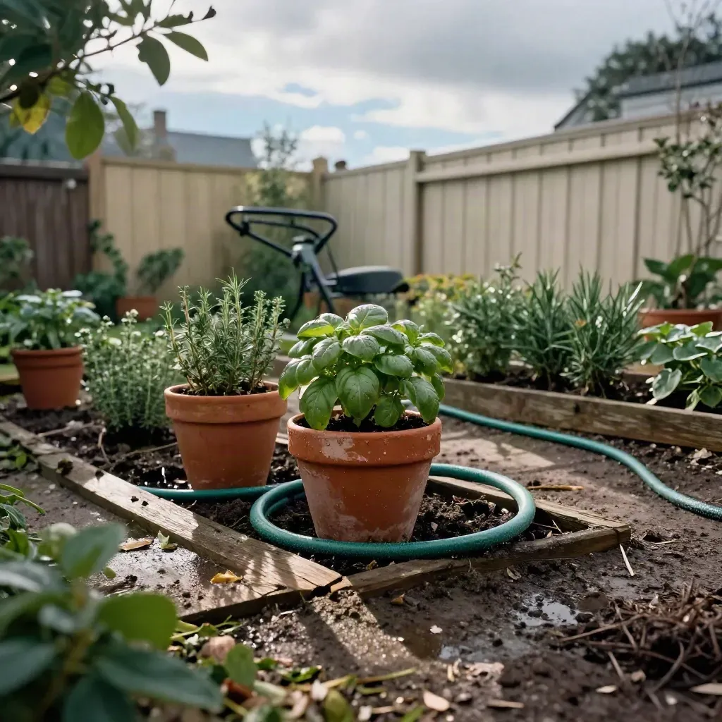 Herb pots, coiled hose, and dark rain-soaked soil in a backyard border under clearing sunlight.