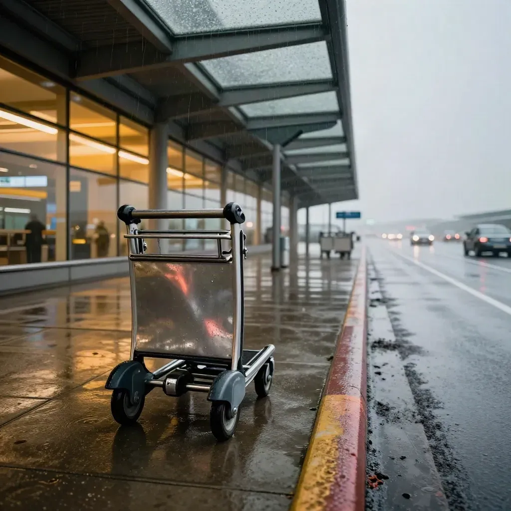Rainy airport curb with luggage trolley, glowing terminal glass, and wet reflections at dusk.