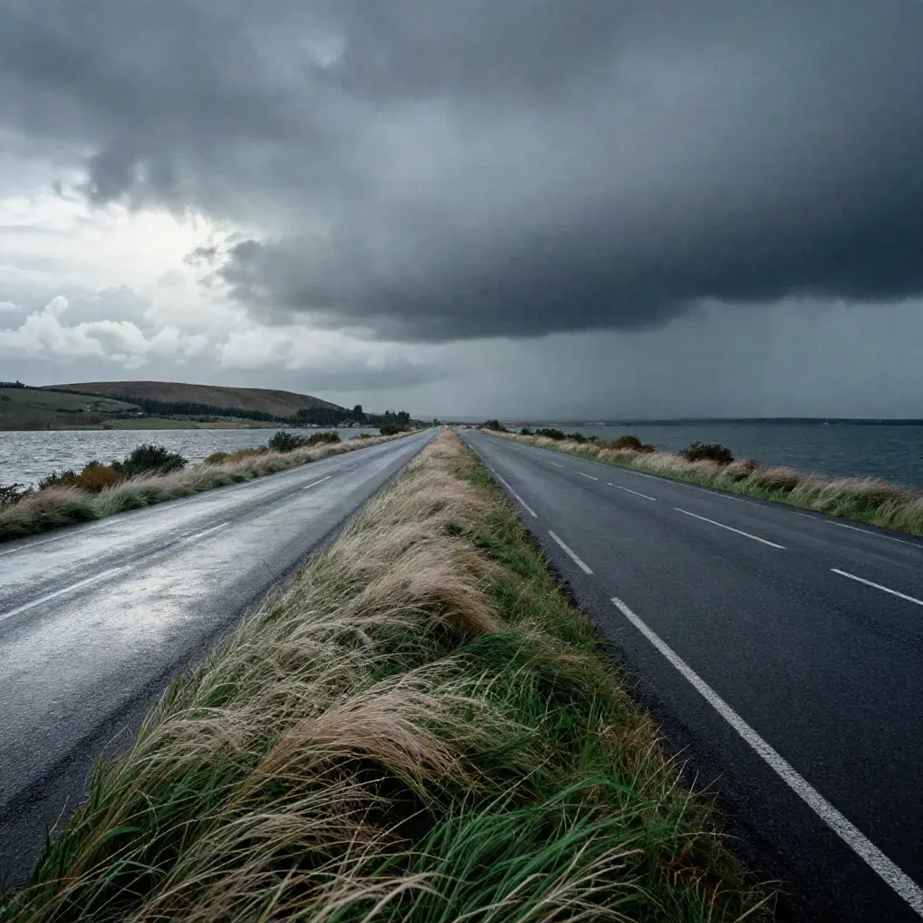 Wet lakeside road under a rolling shelf cloud, grass whipping as rain advances.