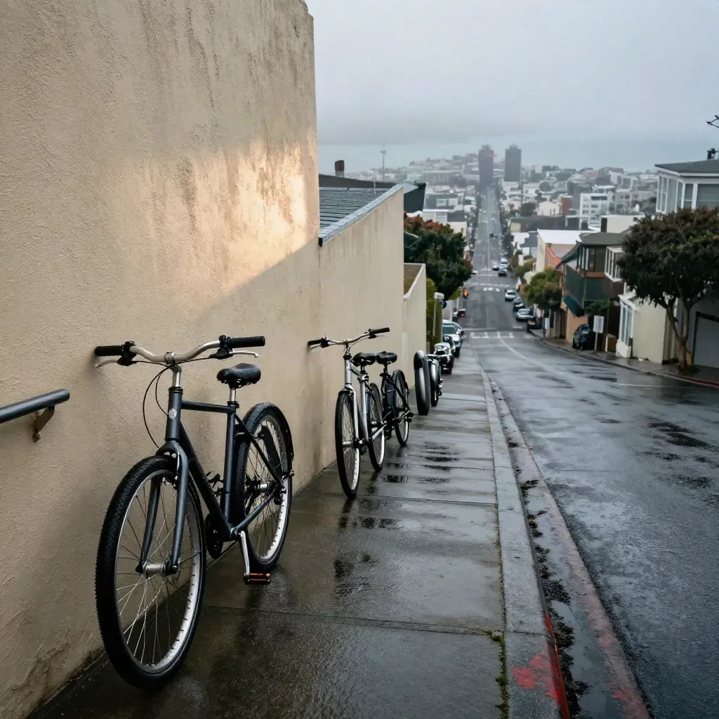 Wet San Francisco hillside street with bikes, stucco walls, and fog lifting toward the bay.