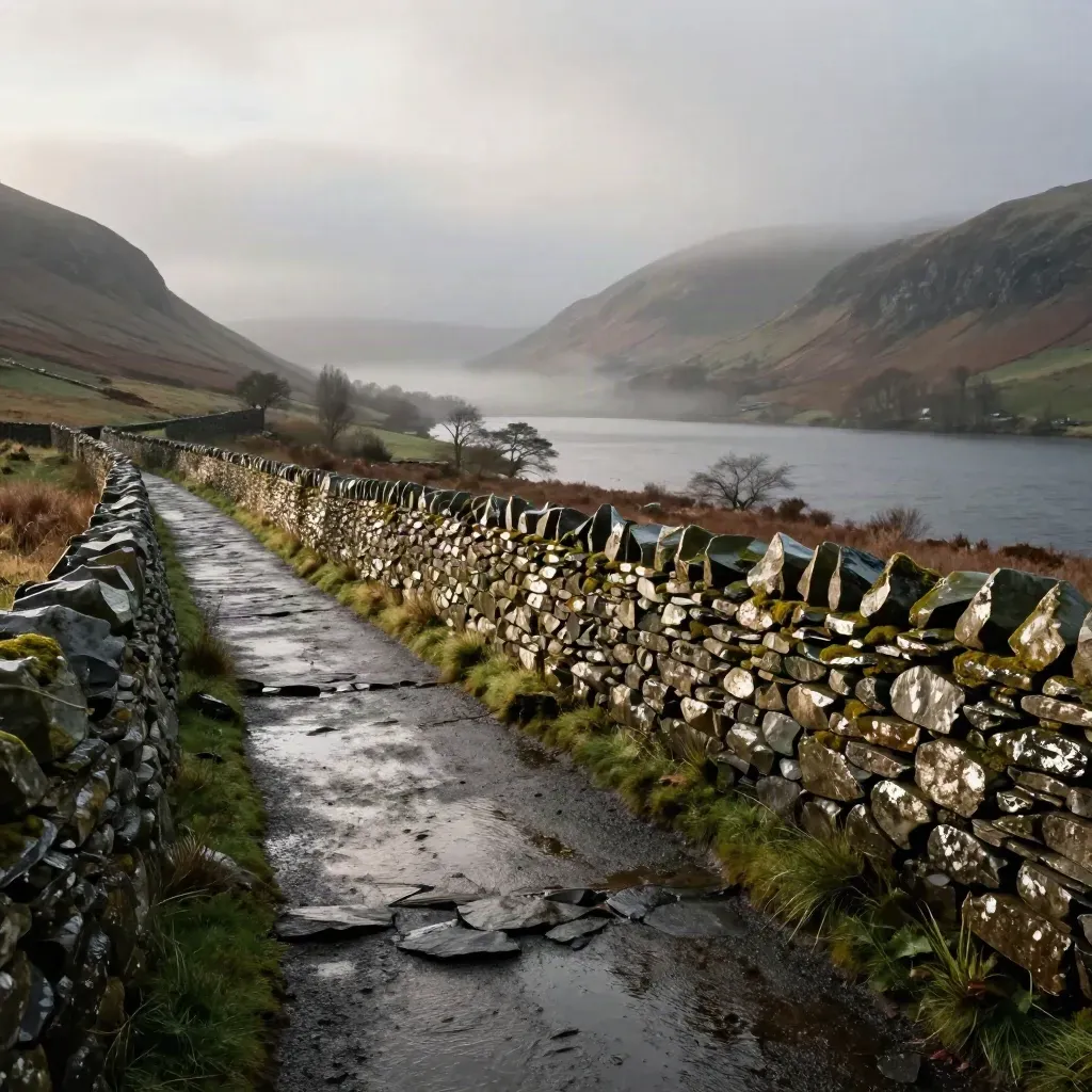Wet Lake District lane beside a slate lake under low cloud and passing showers.