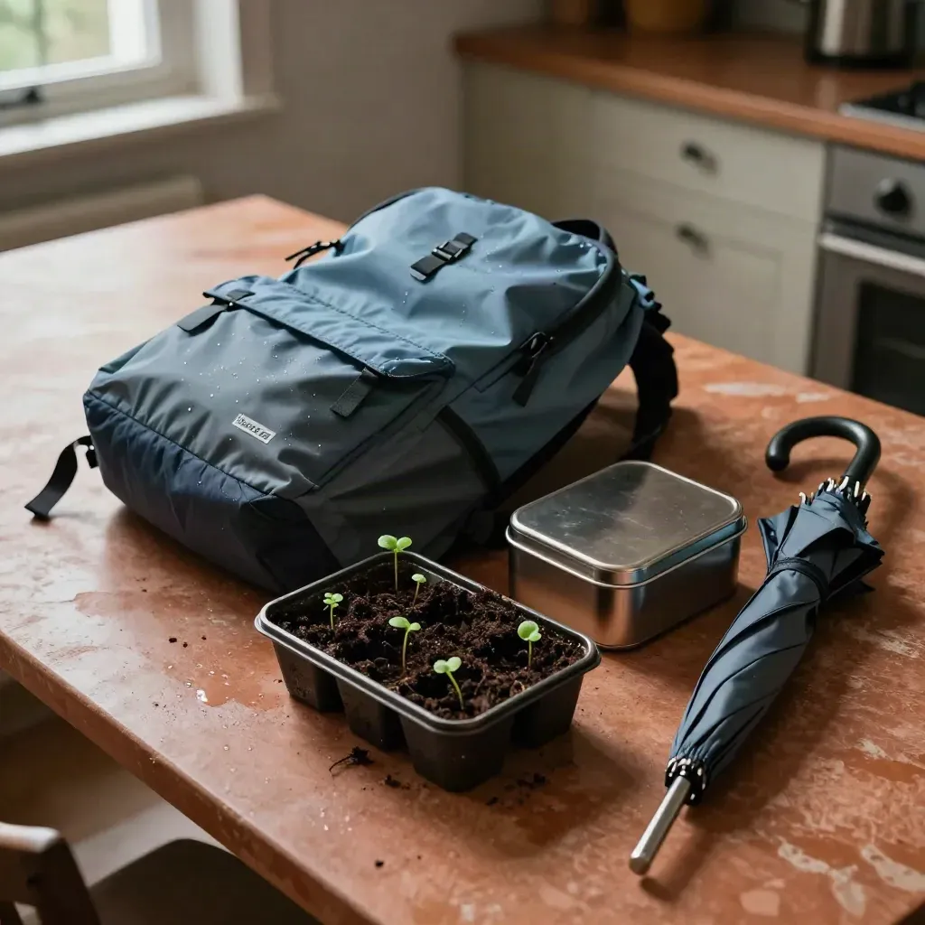 Rain-planning kitchen table with backpack, raincoat, seed tray, lunch box, and folded umbrella