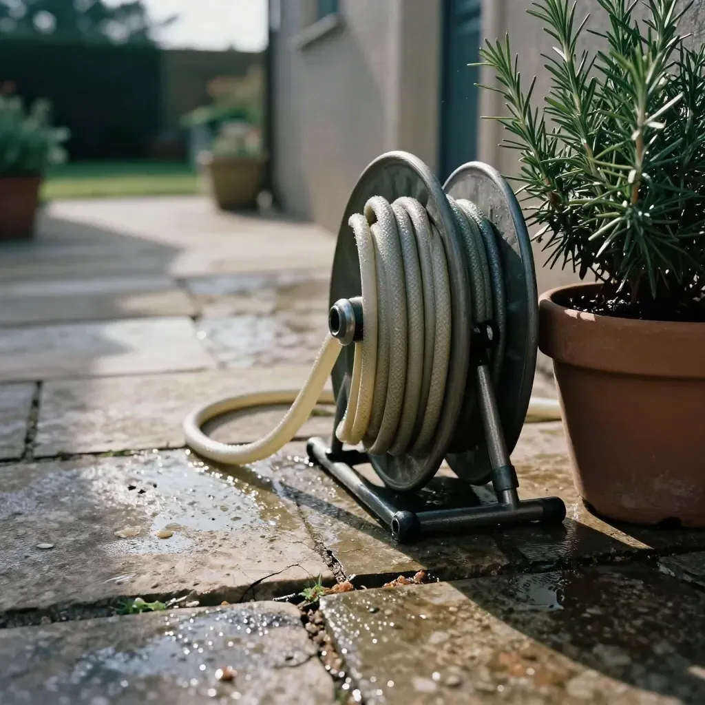 Sunlit patio after rain with hose reel, rosemary pot, and cracked stepping stones