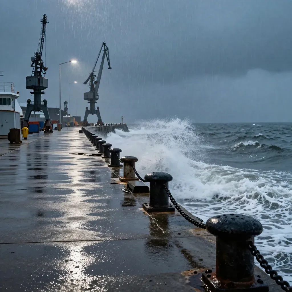 Rain-dark harbor quay with cranes, wet concrete, and spray crashing against the seawall.
