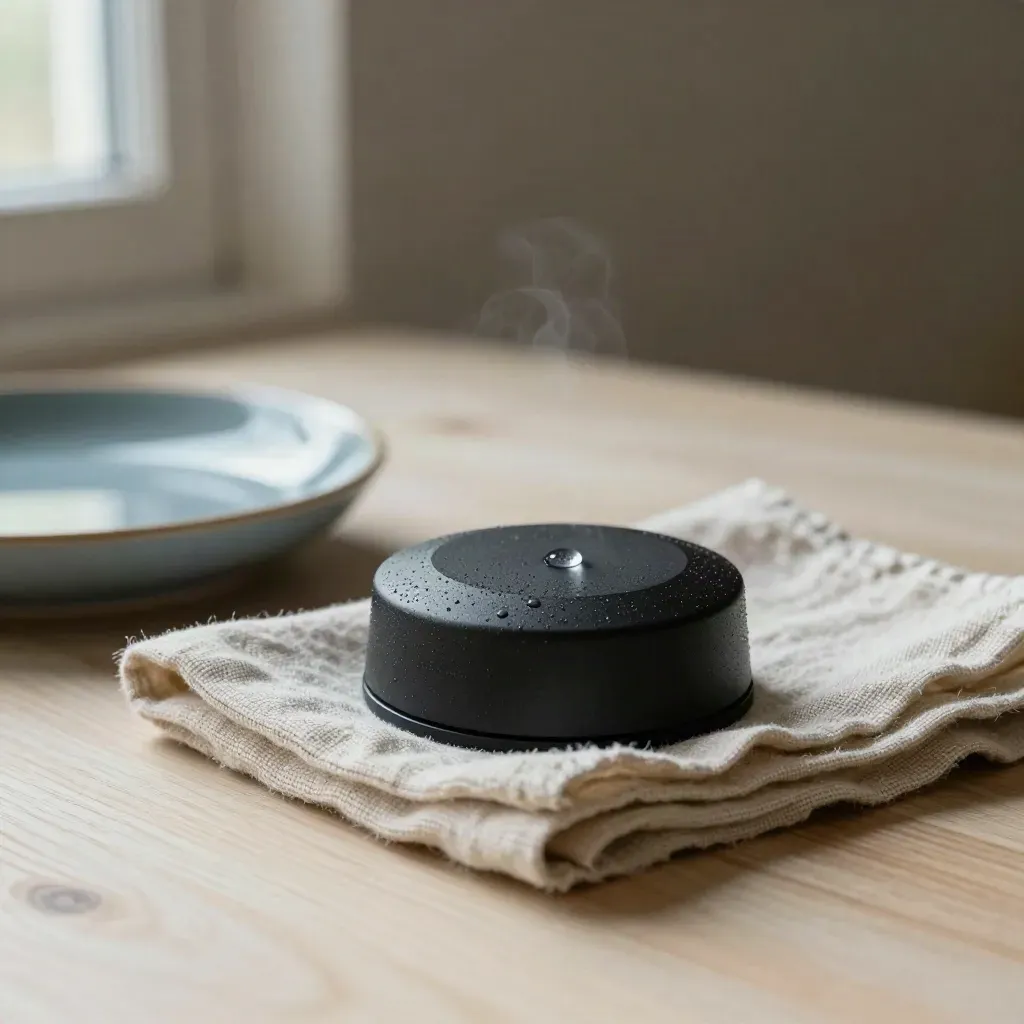 Rain sensor puck with water bead, linen cloth and ceramic dish on pale wood.
