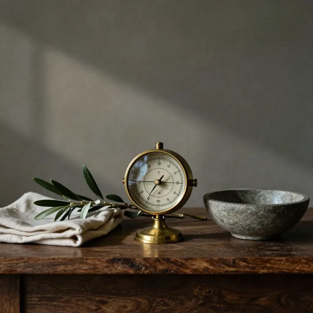 Brass weather glass with olive branch, wool cloth and stone bowl on a dark shelf in soft light