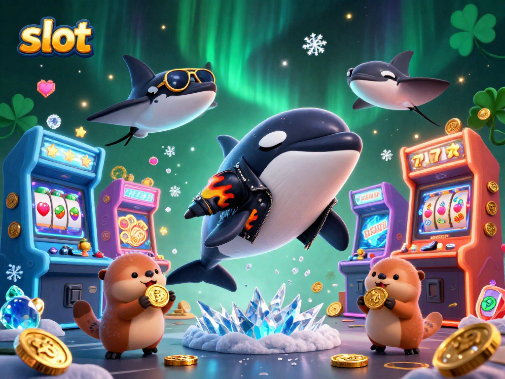 Experience thrilling slot adventures with a whimsical orca biker, stingray aviator, and otters enjoying coins.