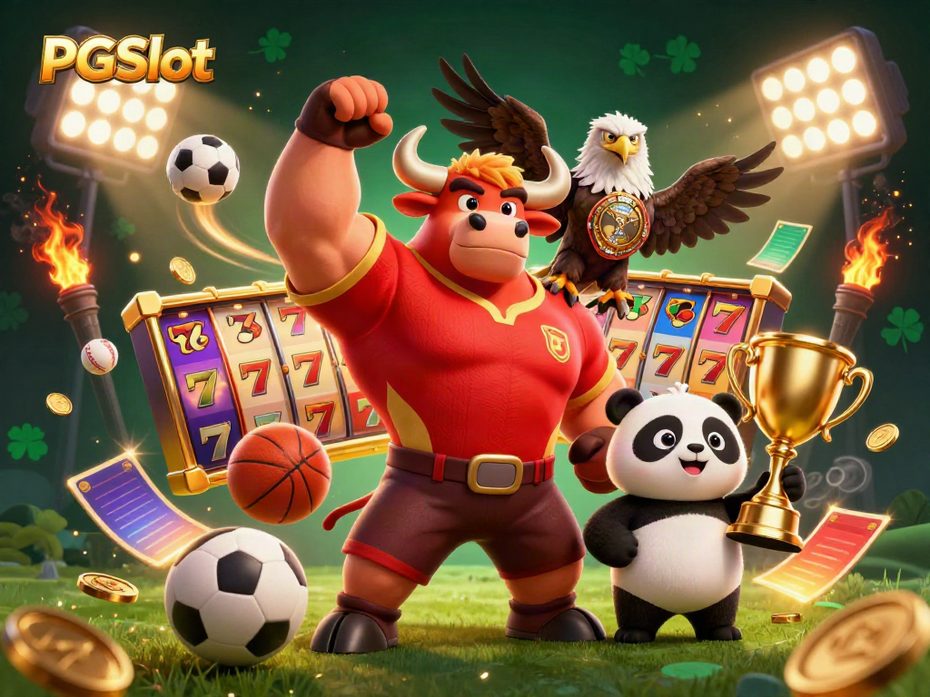 Experience winning with PGSlot as a bull mascot celebrates victory in a dynamic casino scene.