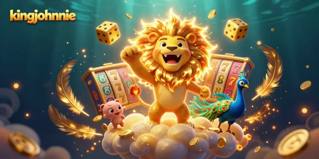 Spin and win at kingjohnnie with triumphant lion and golden dice in vibrant casino illustration.