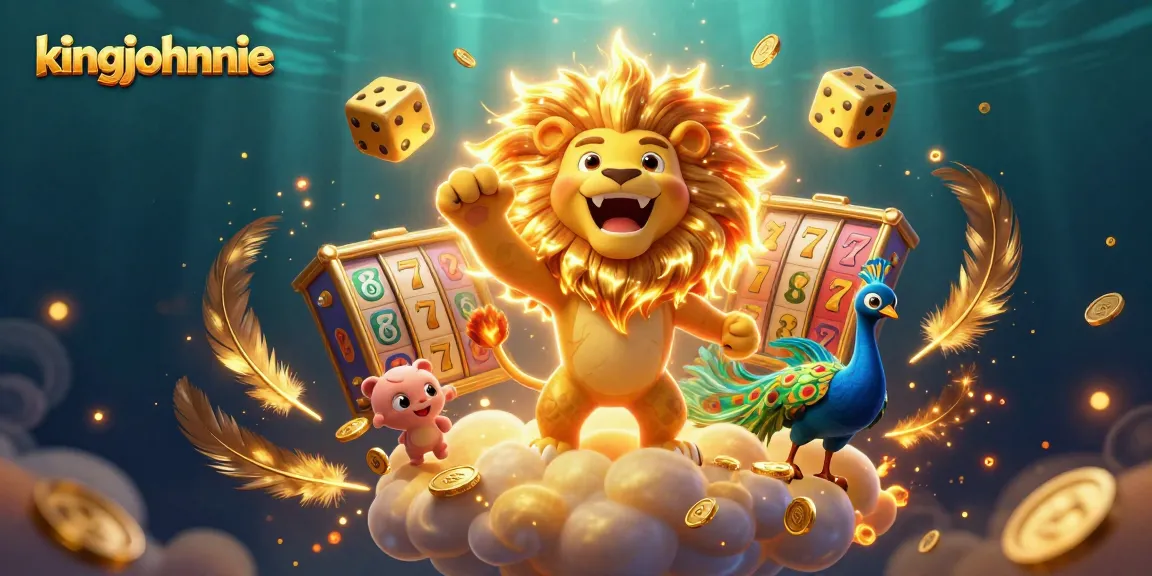 Spin and win at kingjohnnie with triumphant lion and golden dice in vibrant casino illustration.