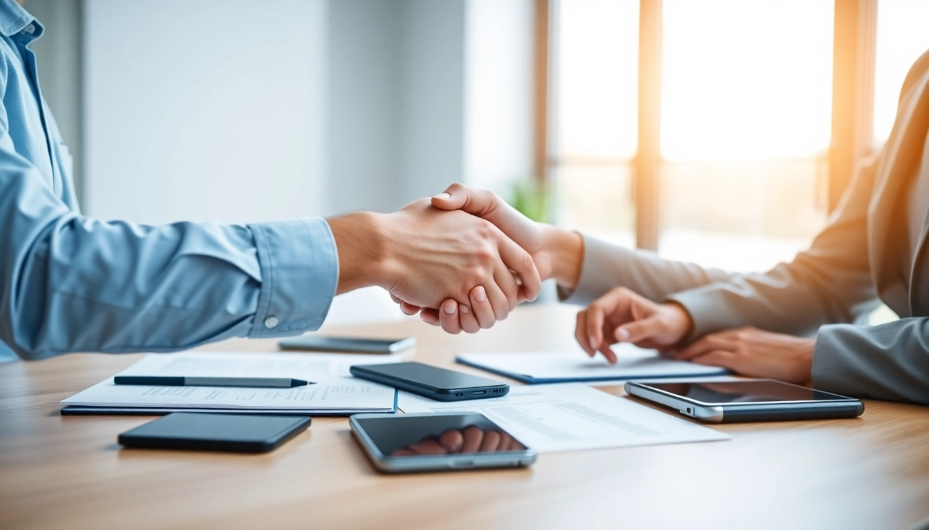 Engaged professionals negotiating escrow services with documents in a modern office.