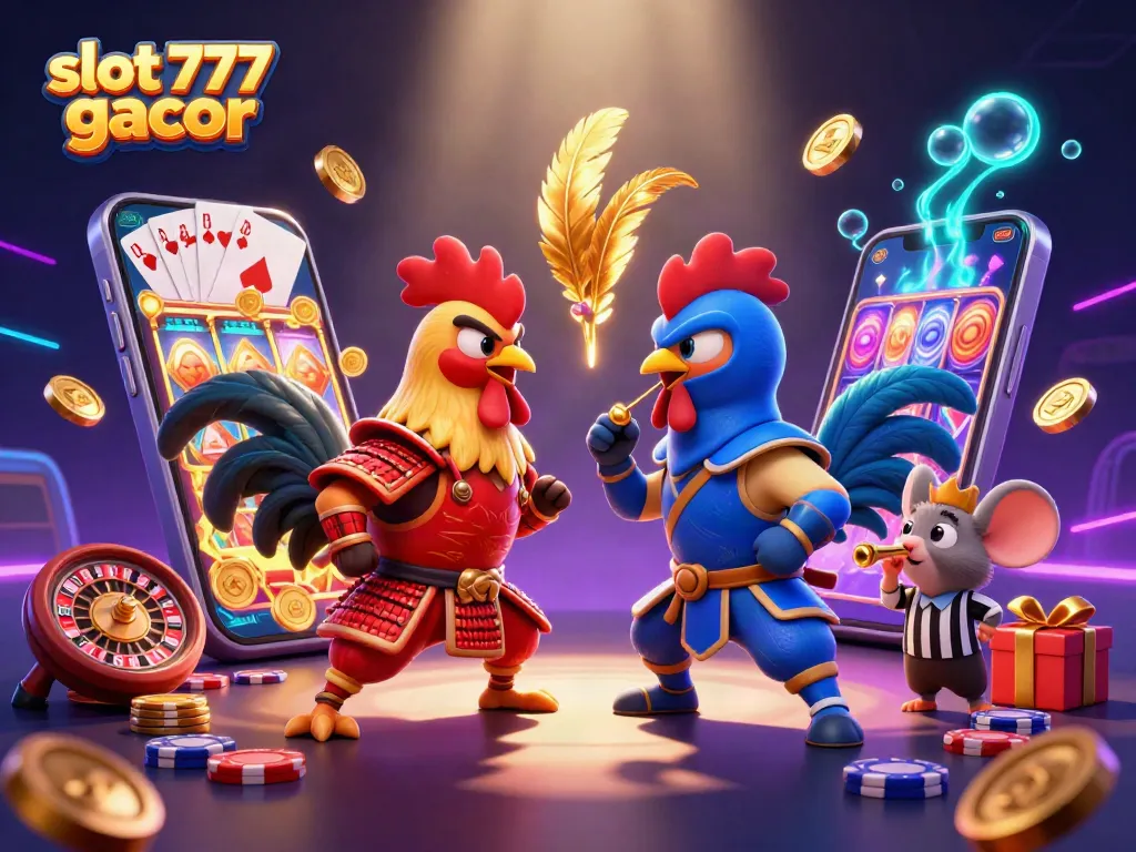 Slot 777 gacor menampilkan ayam jantan 3D bertarung dalam pertarungan dramatis di kasino virtual.