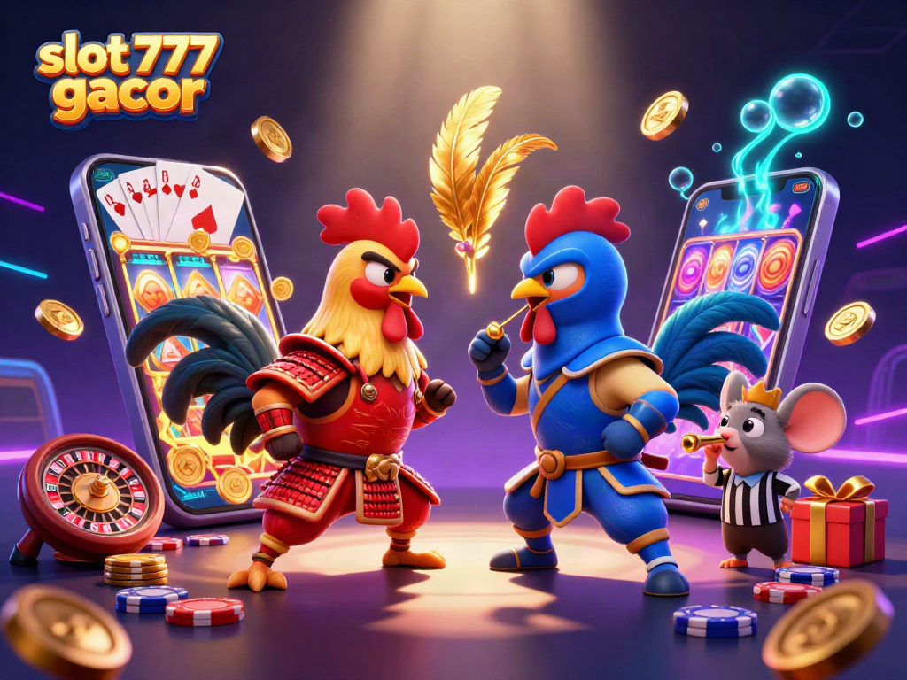 Slot 777 gacor menampilkan ayam jantan 3D bertarung dalam pertarungan dramatis di kasino virtual.