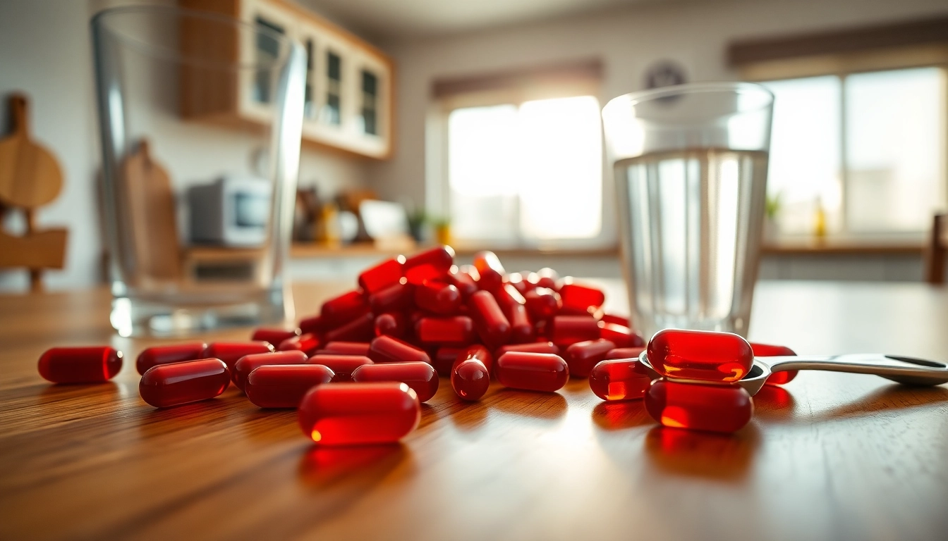 Assessing astaxanthin dosage for adults with vibrant capsules and a glass of water.