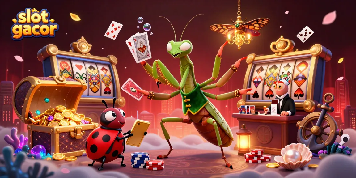 Experience slot gacor with a lively scene of a mantis card sharp, vibrant treasures, and casino elements.