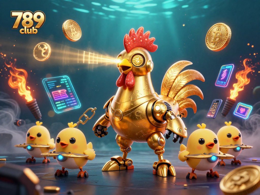 Bet at 789 club with a vibrant illustration featuring golden rooster robot and crypto elements.