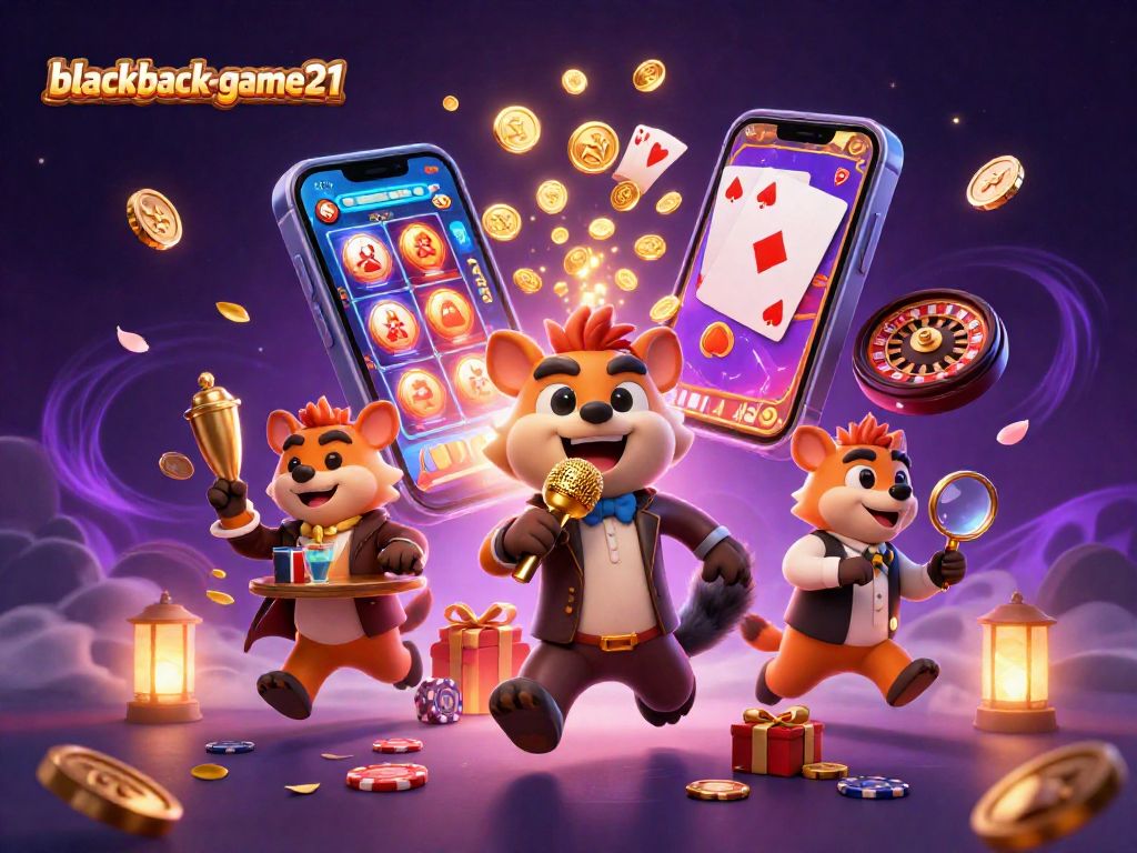 Experience blackjack-game21 action with vibrant 3D hyena characters in a lively casino setting.