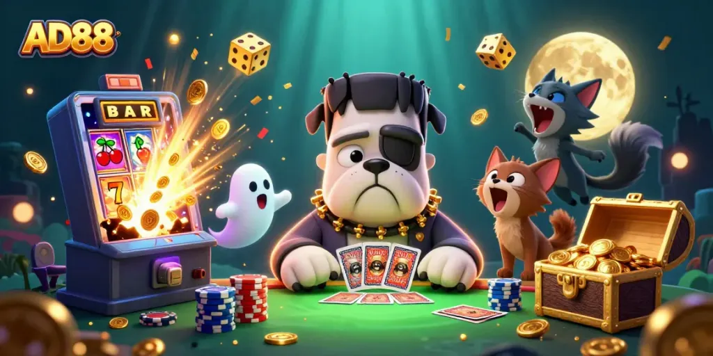 Engage with AD88 through an exciting scene of a Frankenstein bulldog monster and friends in a thrilling casino setting.