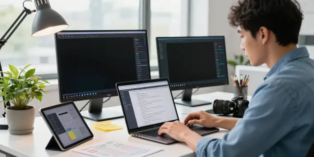 AI content generator in English used by a professional in a modern tech workspace.