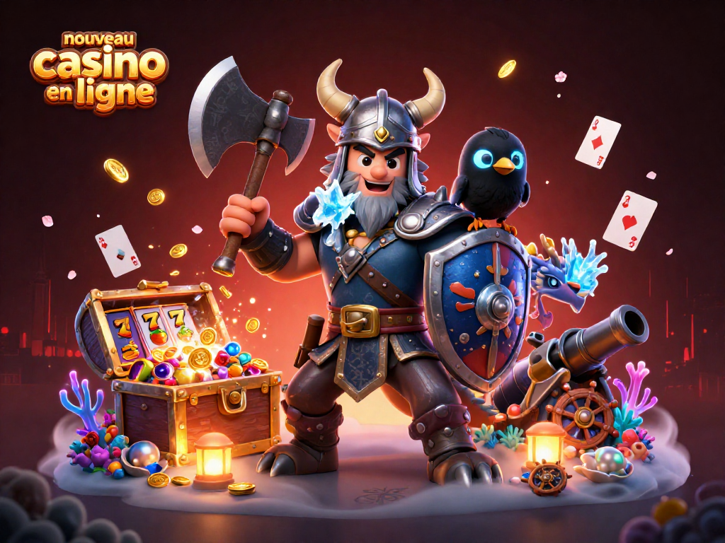 Admirez cette scène animée d'un nouveau casino en ligne avec un guerrier loup viking et un dragon.