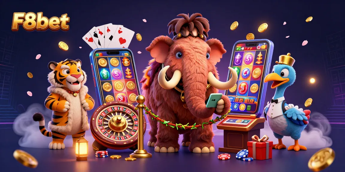Engage with F8bet's vibrant casino scene featuring a woolly mammoth bouncer and a saber-tooth tiger VIP.