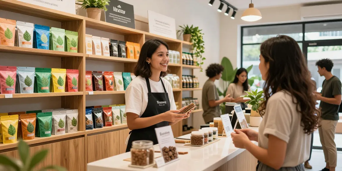Engaging scene in a trendy store featuring the best kratom brands, showcasing vibrant product displays and knowledgeable staff.